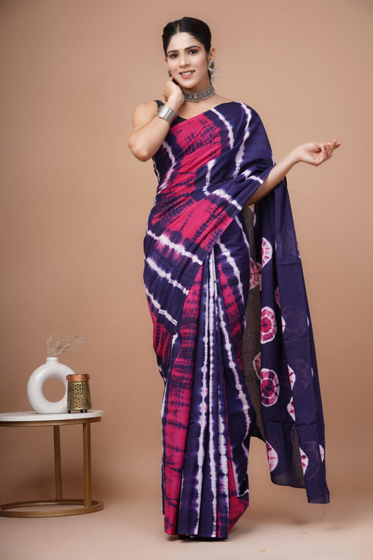 Indigo Floral Block Mulmul Cotton Saree