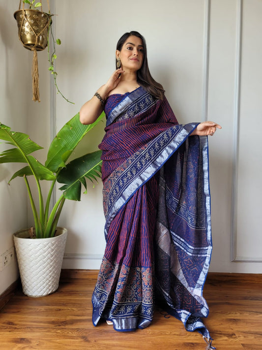 Traditional Bhagalpuri Linen Cotton Saree for Women