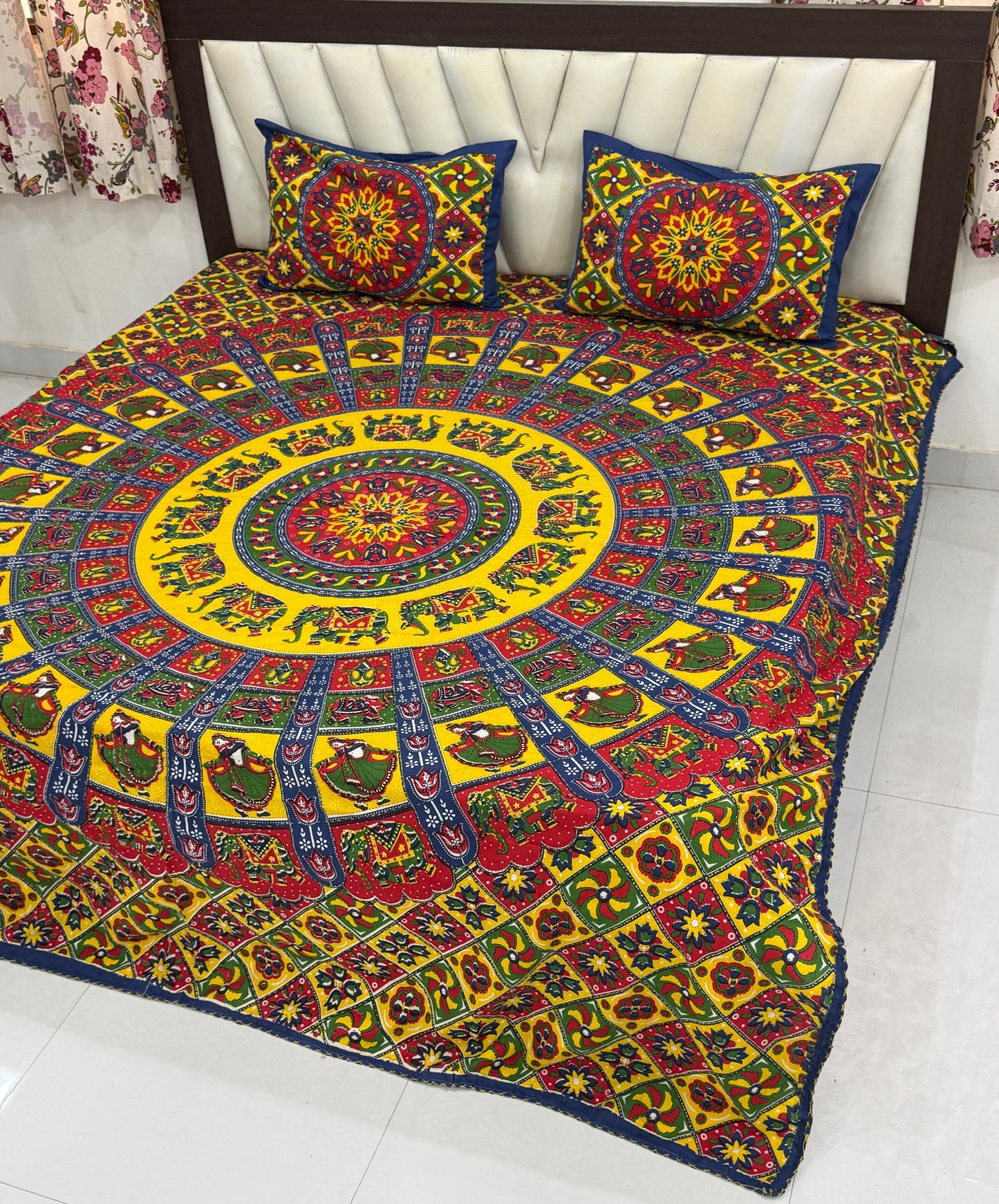 Traditional Jaipuri Printed Cotton Kantha Bedcover
