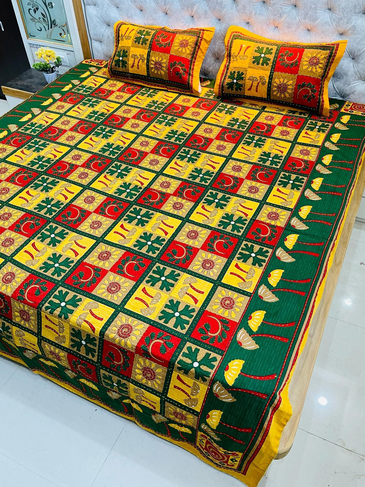 Traditional Jaipuri Printed Cotton Kantha Bedcover