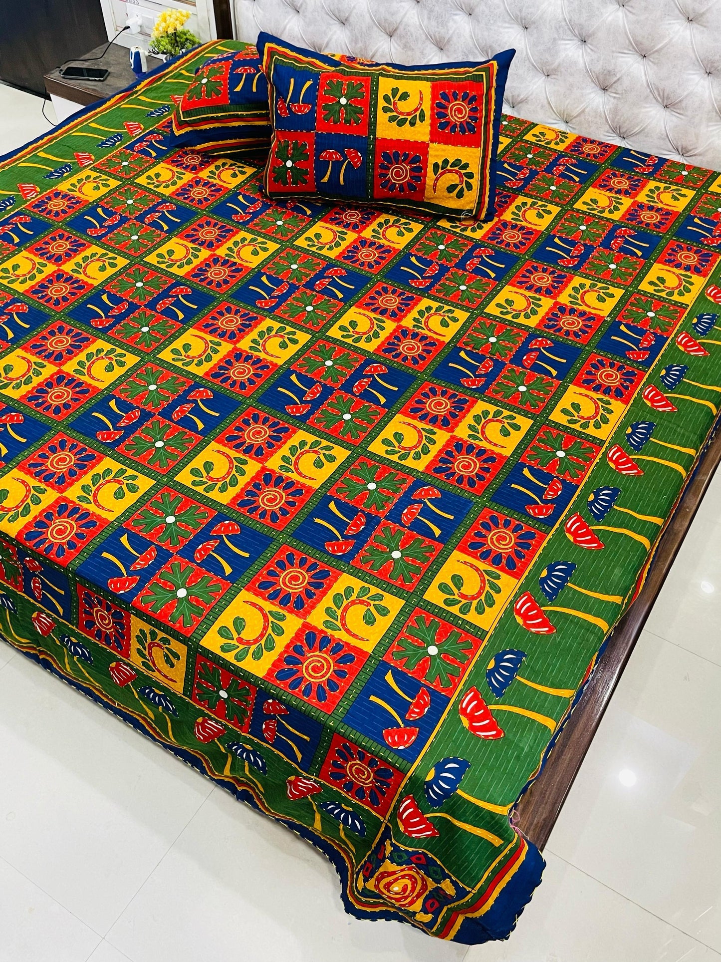Traditional Jaipuri Printed Cotton Kantha Bedcover