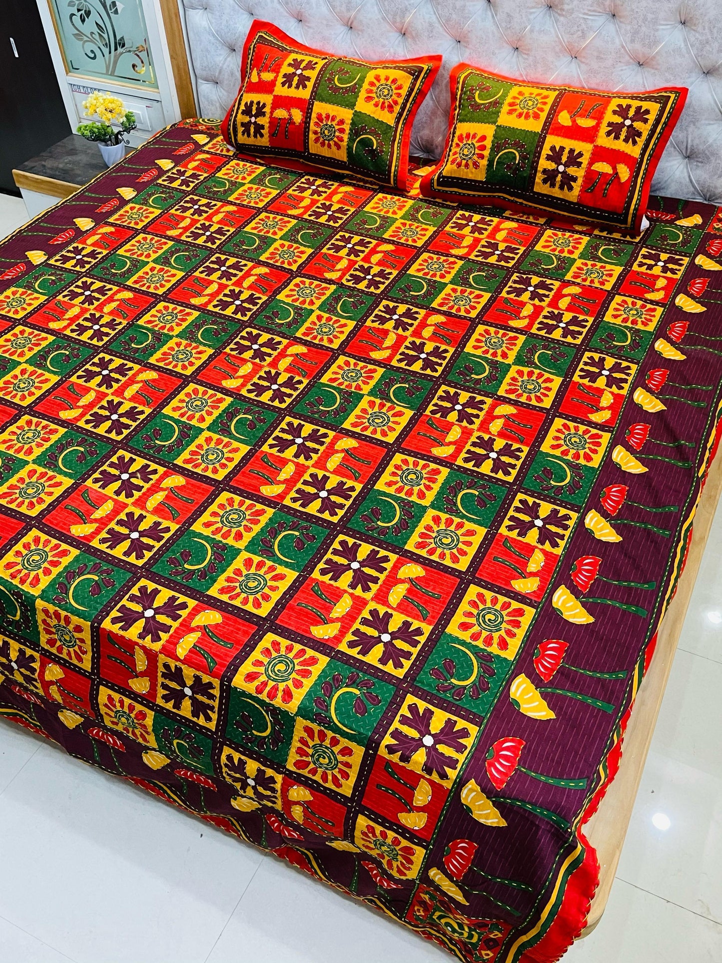 Traditional Jaipuri Printed Cotton Kantha Bedcover