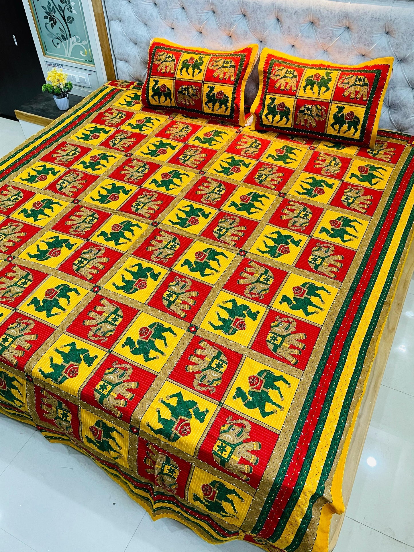 Traditional Jaipuri Printed Cotton Kantha Bedcover