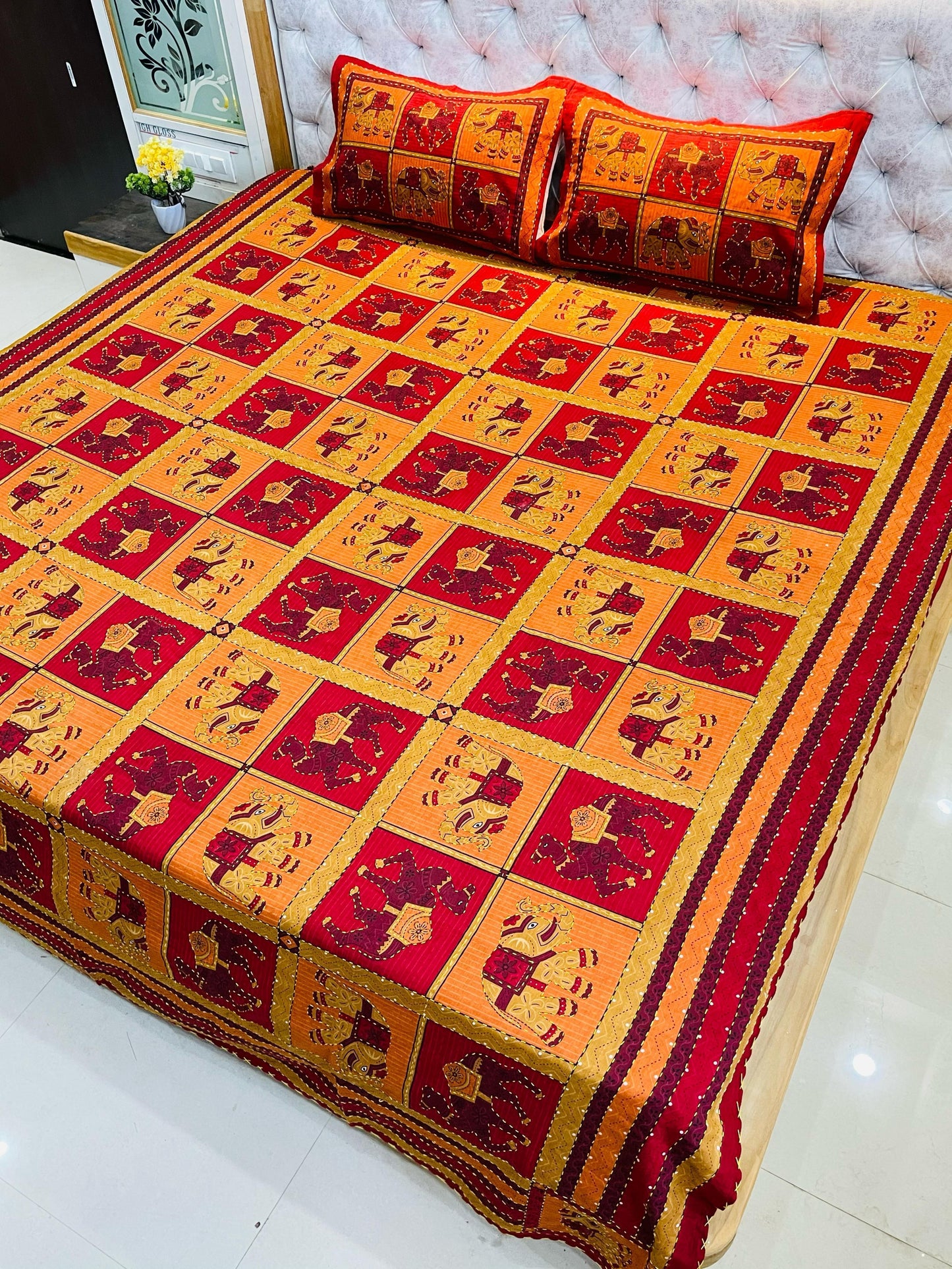 Traditional Jaipuri Printed Cotton Kantha Bedcover
