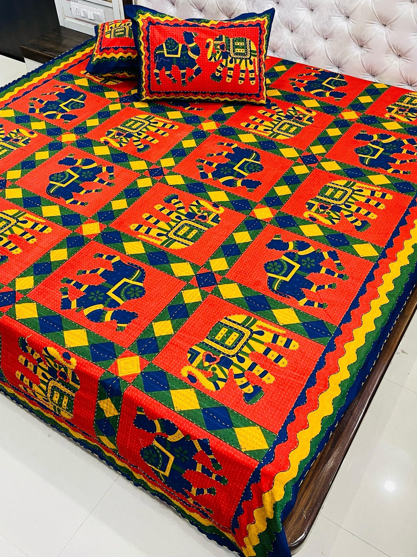 Traditional Jaipuri Printed Cotton Kantha Bedcover
