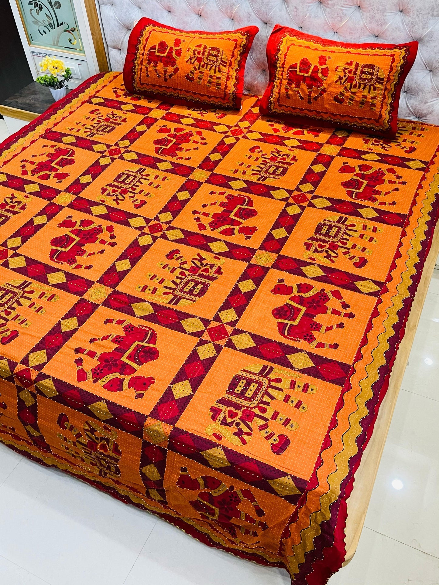 Traditional Jaipuri Printed Cotton Kantha Bedcover