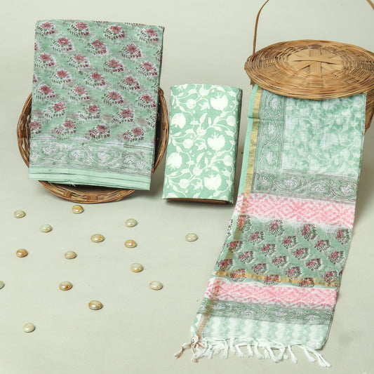 Hand Block Printed Kota Doria Cotton Suit Set with Zari Border Dupatta