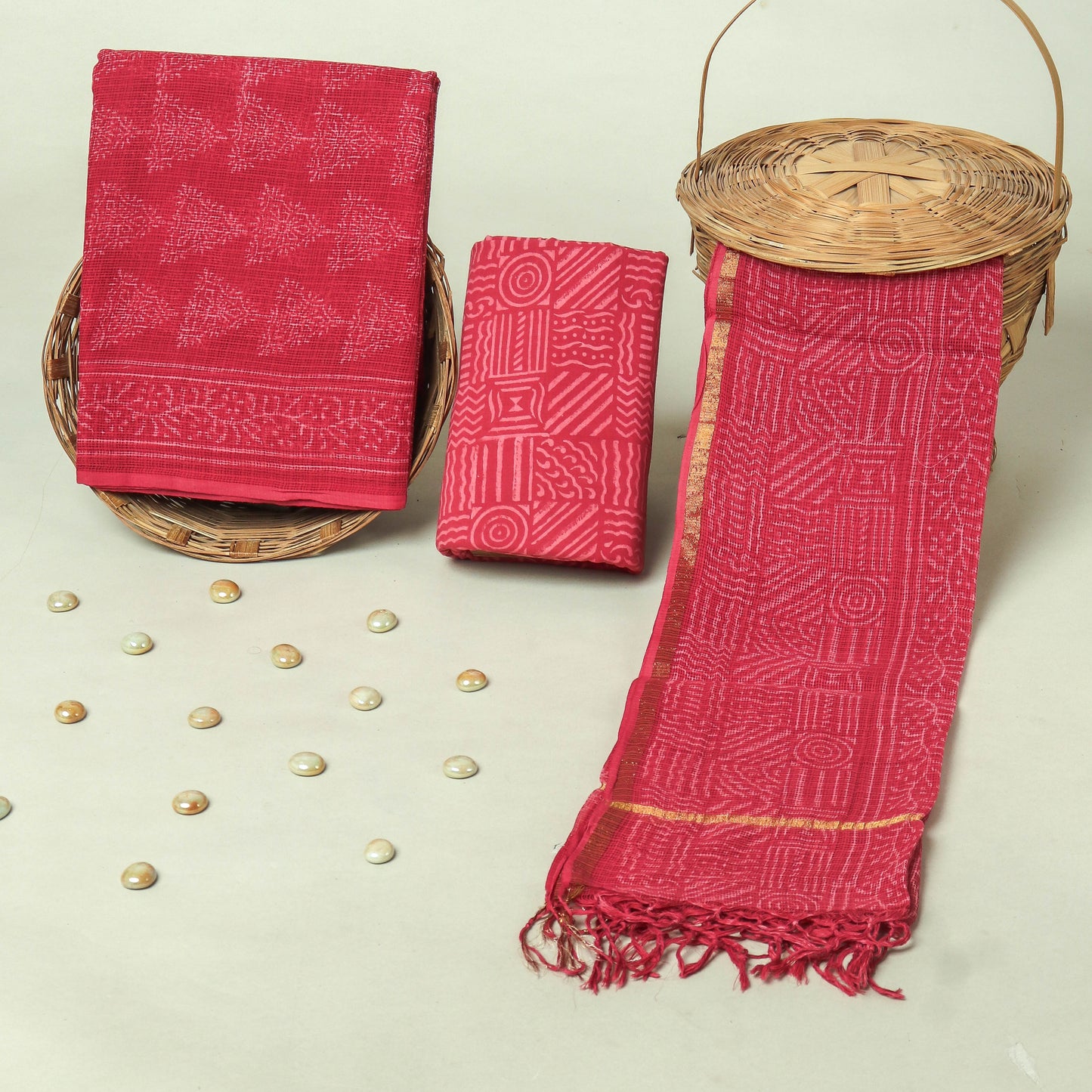 Hand Block Printed Kota Doria Cotton Suit Set with Zari Border Dupatta