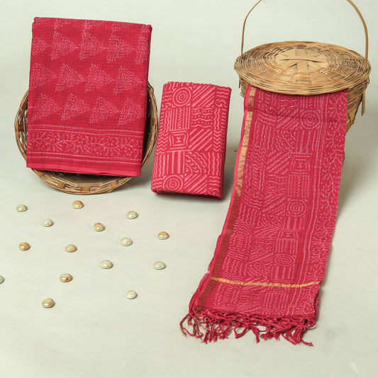 Hand Block Printed Kota Doria Cotton Suit Set with Zari Border Dupatta