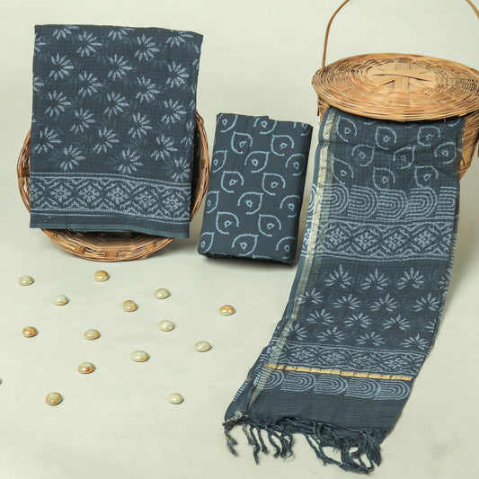 Hand Block Printed Kota Doria Cotton Suit Set with Zari Border Dupatta