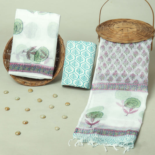 Hand Block Printed Kota Doria Cotton Suit Set with Zari Border Dupatta