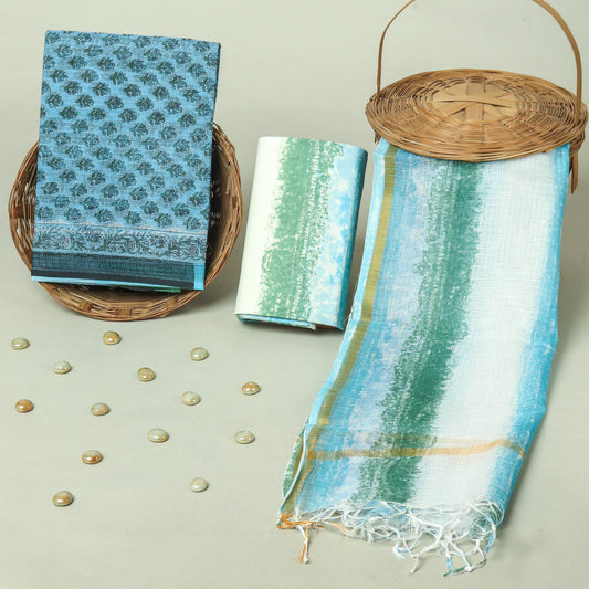 Hand Block Printed Kota Doria Cotton Suit Set with Zari Border Dupatta