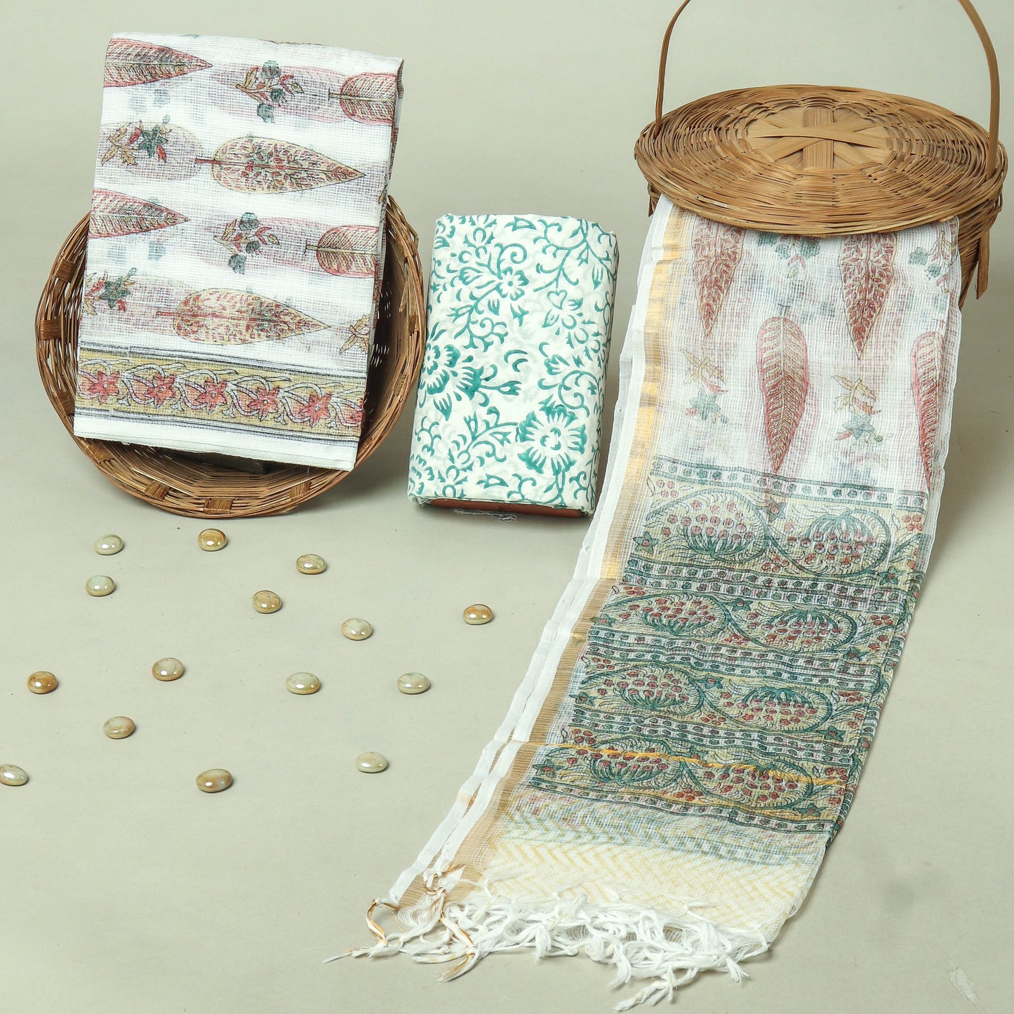 Hand Block Printed Kota Doria Cotton Suit Set with Zari Border Dupatta