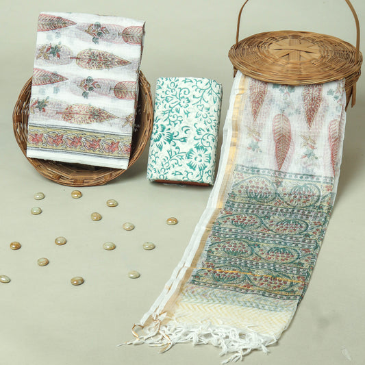 Hand Block Printed Kota Doria Cotton Suit Set with Zari Border Dupatta