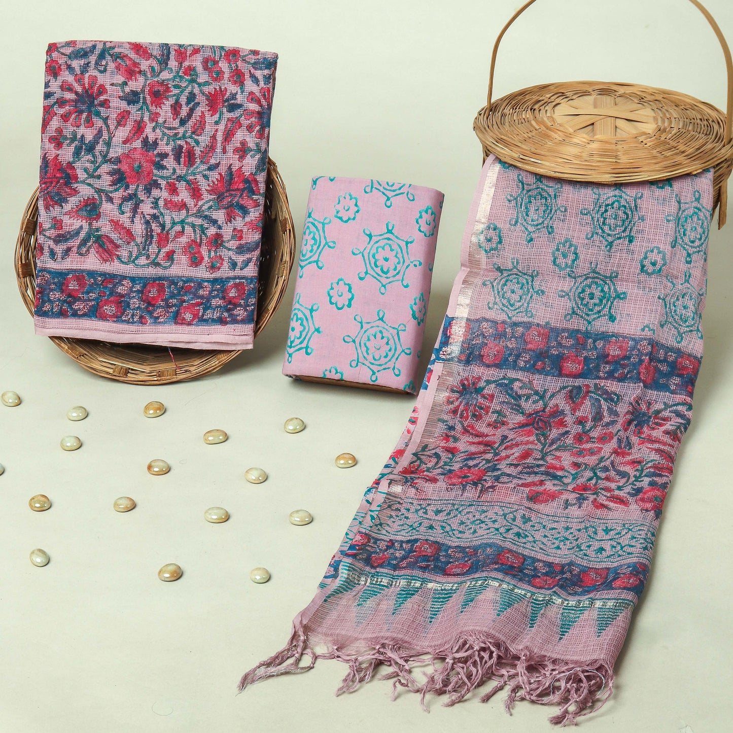 Hand Block Printed Kota Doria Cotton Suit Set with Zari Border Dupatta