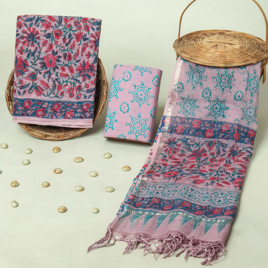 Hand Block Printed Kota Doria Cotton Suit Set with Zari Border Dupatta