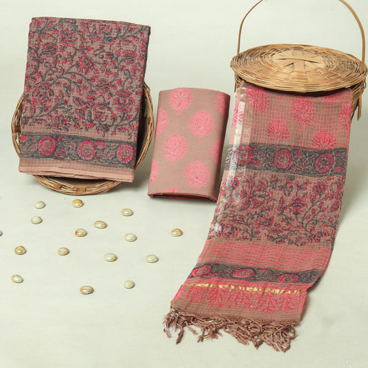 Hand Block Printed Kota Doria Cotton Suit Set with Zari Border Dupatta