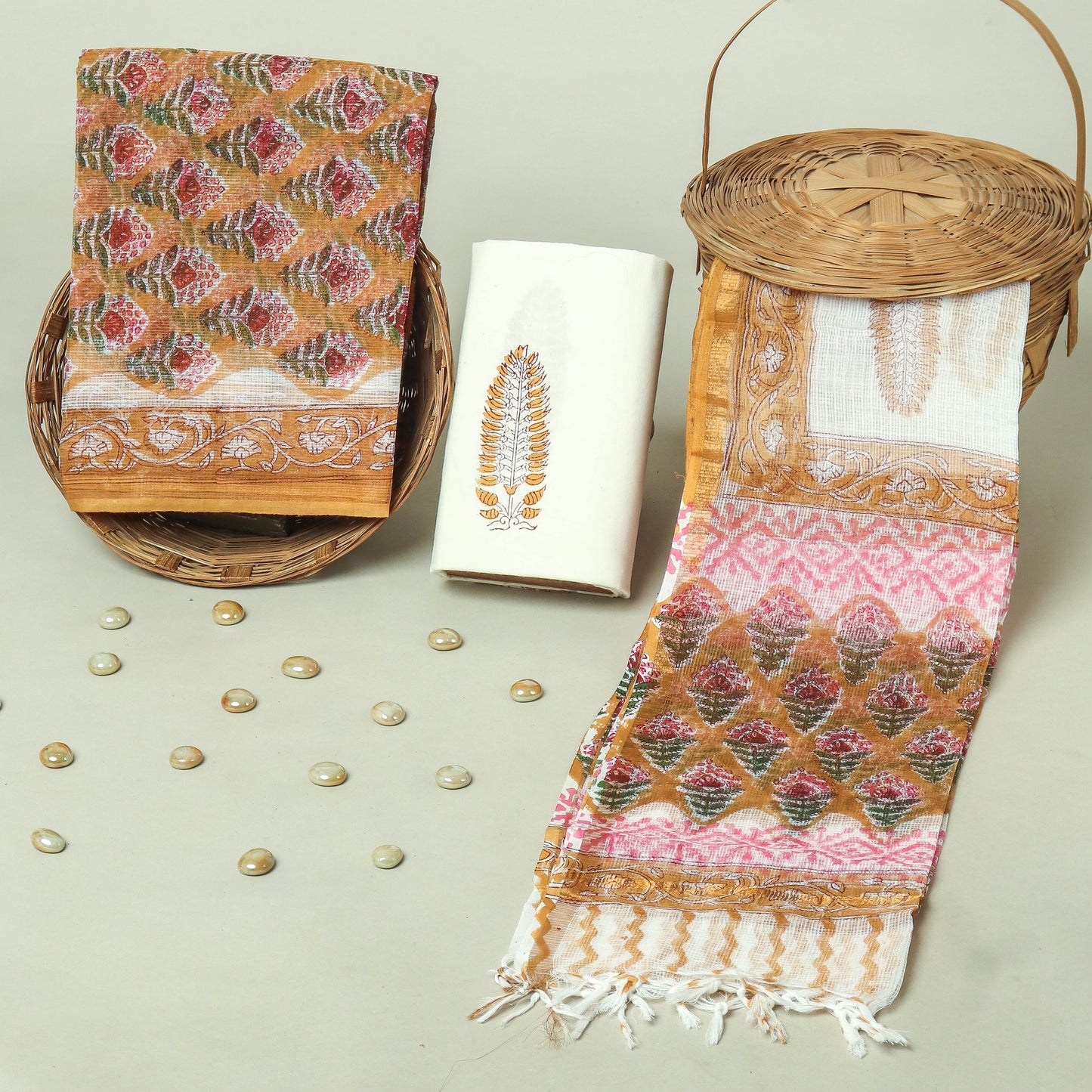 Hand Block Printed Kota Doria Cotton Suit Set with Zari Border Dupatta