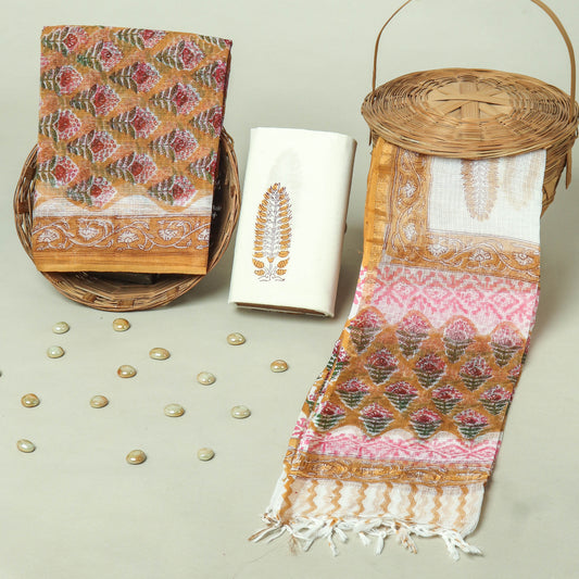 Hand Block Printed Kota Doria Cotton Suit Set with Zari Border Dupatta