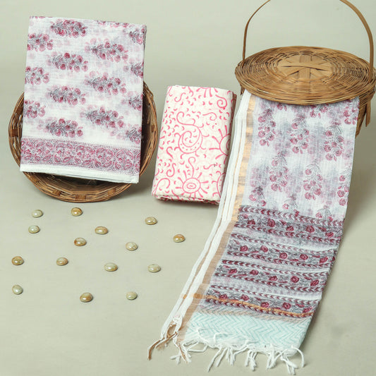 Hand Block Printed Kota Doria Cotton Suit Set with Zari Border Dupatta
