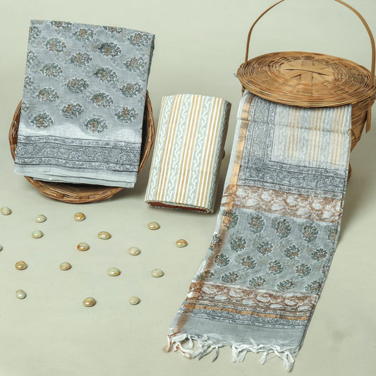 Hand Block Printed Kota Doria Cotton Suit Set with Zari Border Dupatta