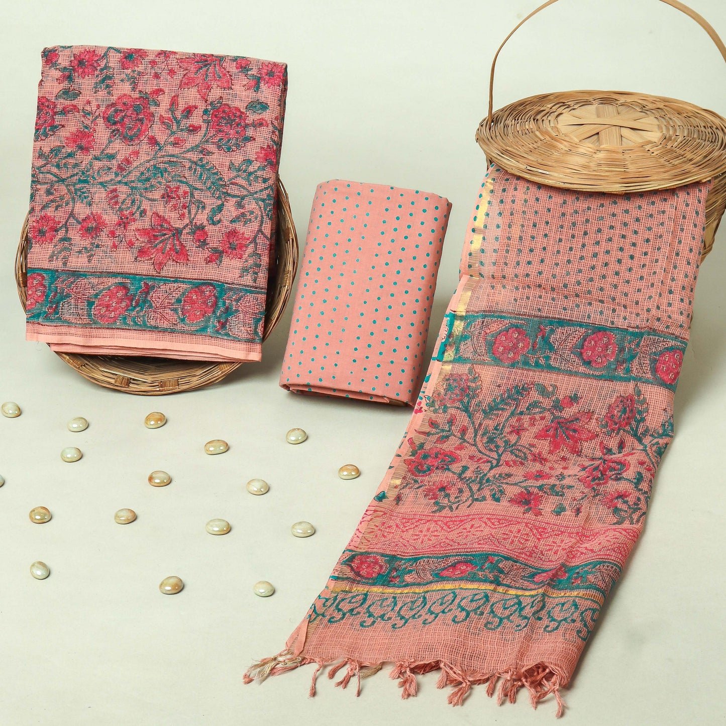 Hand Block Printed Kota Doria Cotton Suit Set with Zari Border Dupatta
