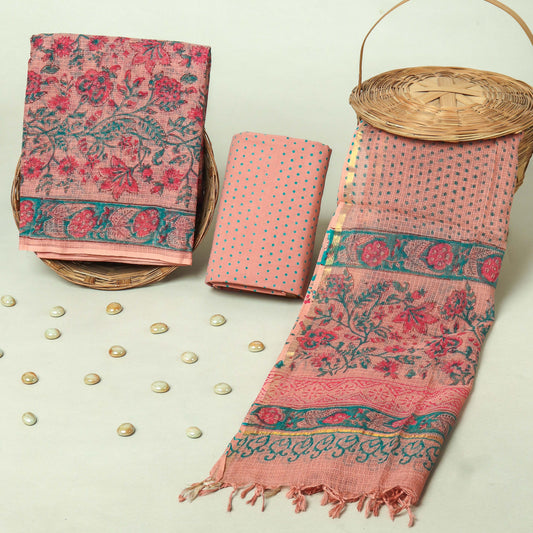 Hand Block Printed Kota Doria Cotton Suit Set with Zari Border Dupatta