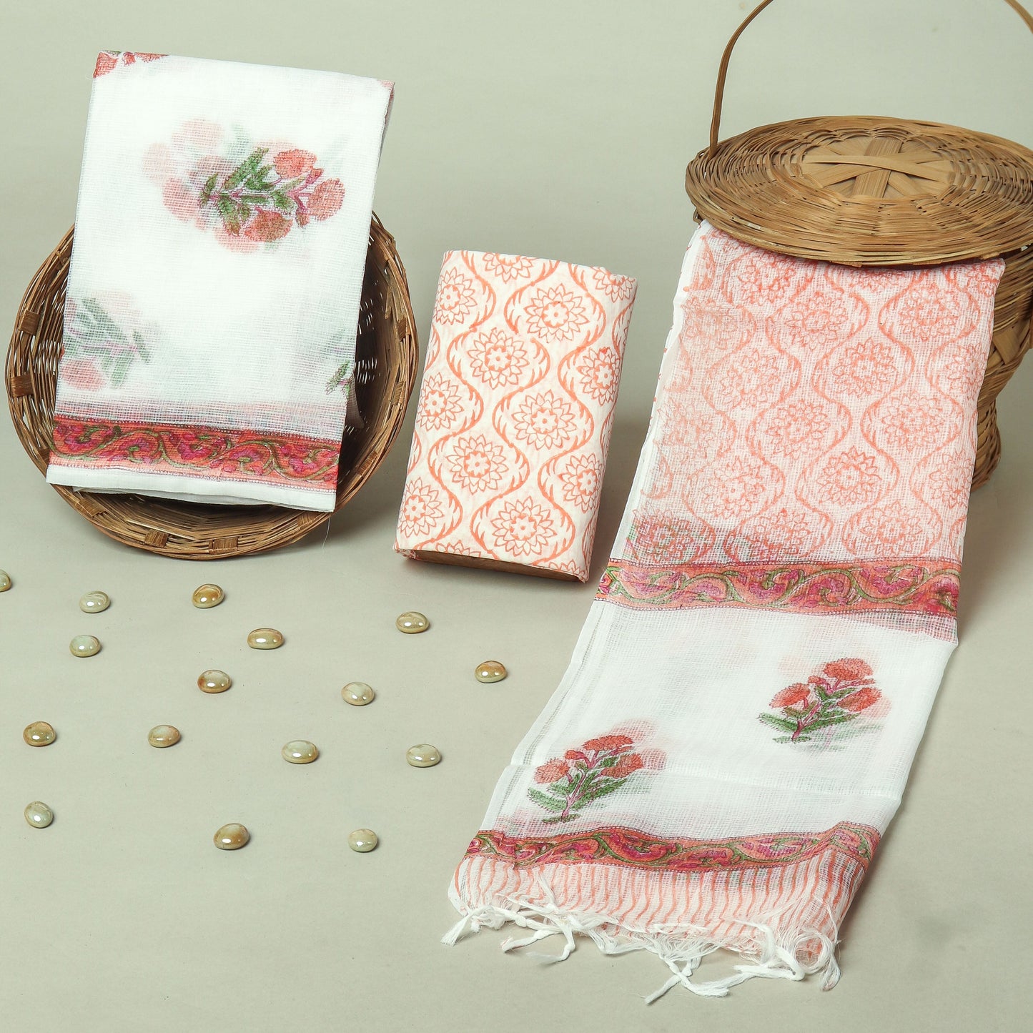 Hand Block Printed Kota Doria Cotton Suit Set with Zari Border Dupatta