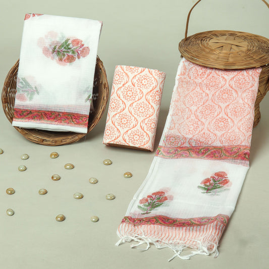 Hand Block Printed Kota Doria Cotton Suit Set with Zari Border Dupatta