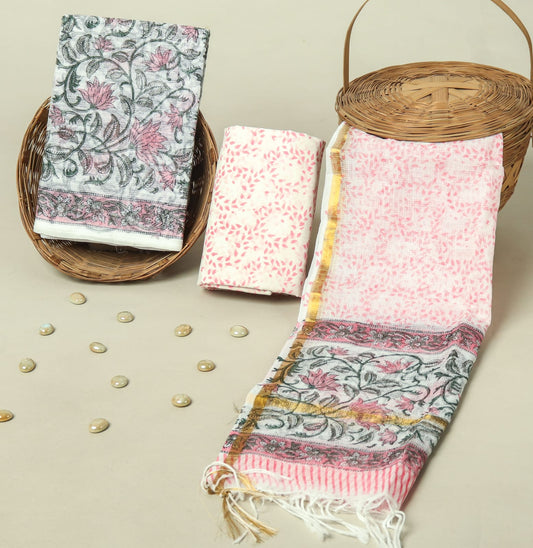 Hand Block Printed Kota Doria Cotton Suit Set with Zari Border Dupatta