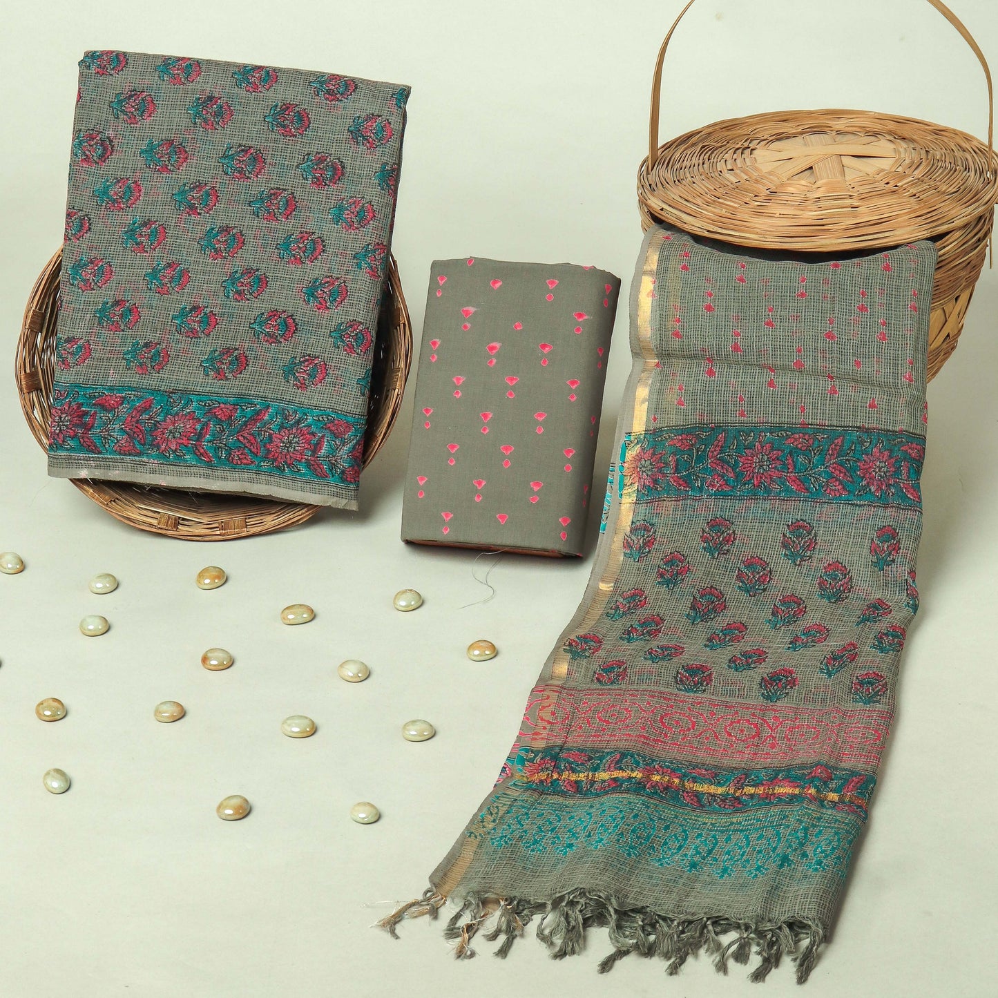 Hand Block Printed Kota Doria Cotton Suit Set with Zari Border Dupatta