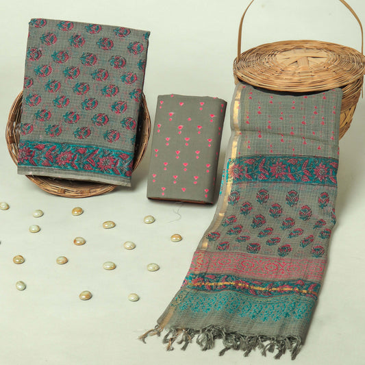 Hand Block Printed Kota Doria Cotton Suit Set with Zari Border Dupatta