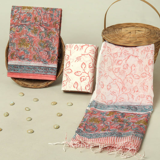 Hand Block Printed Kota Doria Cotton Suit Set with Zari Border Dupatta