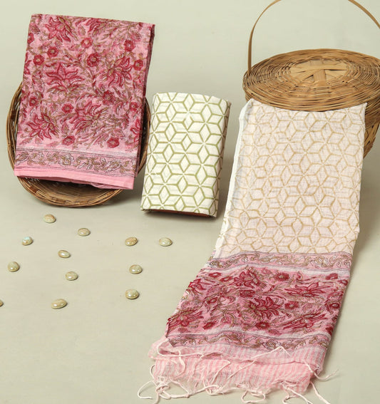 Hand Block Printed Kota Doria Cotton Suit Set with Zari Border Dupatta