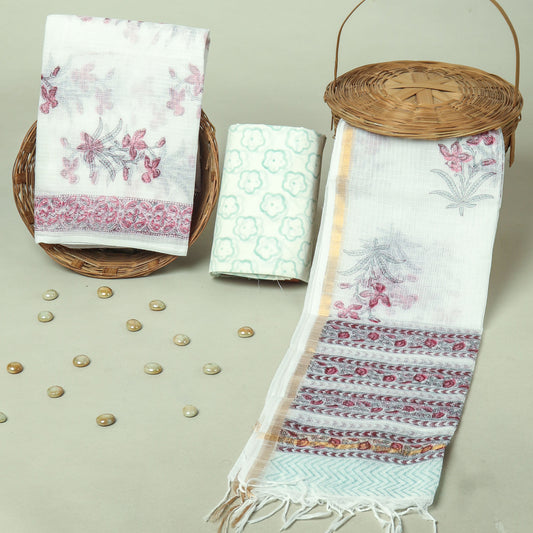 Hand Block Printed Kota Doria Cotton Suit Set with Zari Border Dupatta