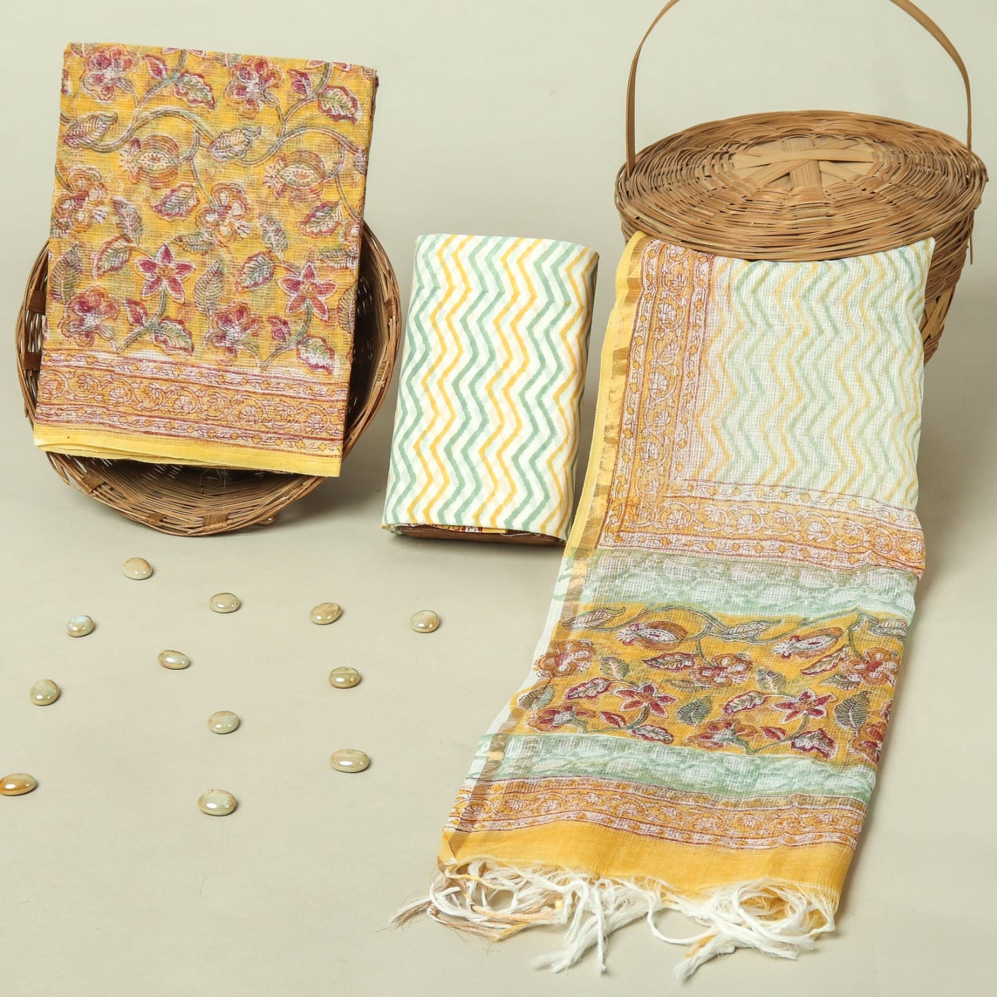 Hand Block Printed Kota Doria Cotton Suit Set with Zari Border Dupatta