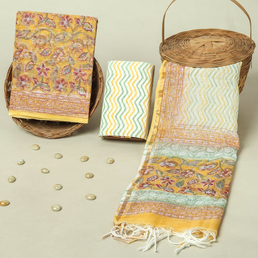 Hand Block Printed Kota Doria Cotton Suit Set with Zari Border Dupatta