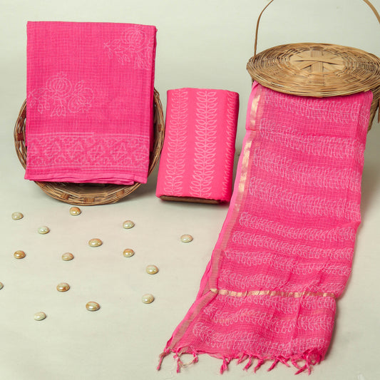 Hand Block Printed Kota Doria Cotton Suit Set with Zari Border Dupatta