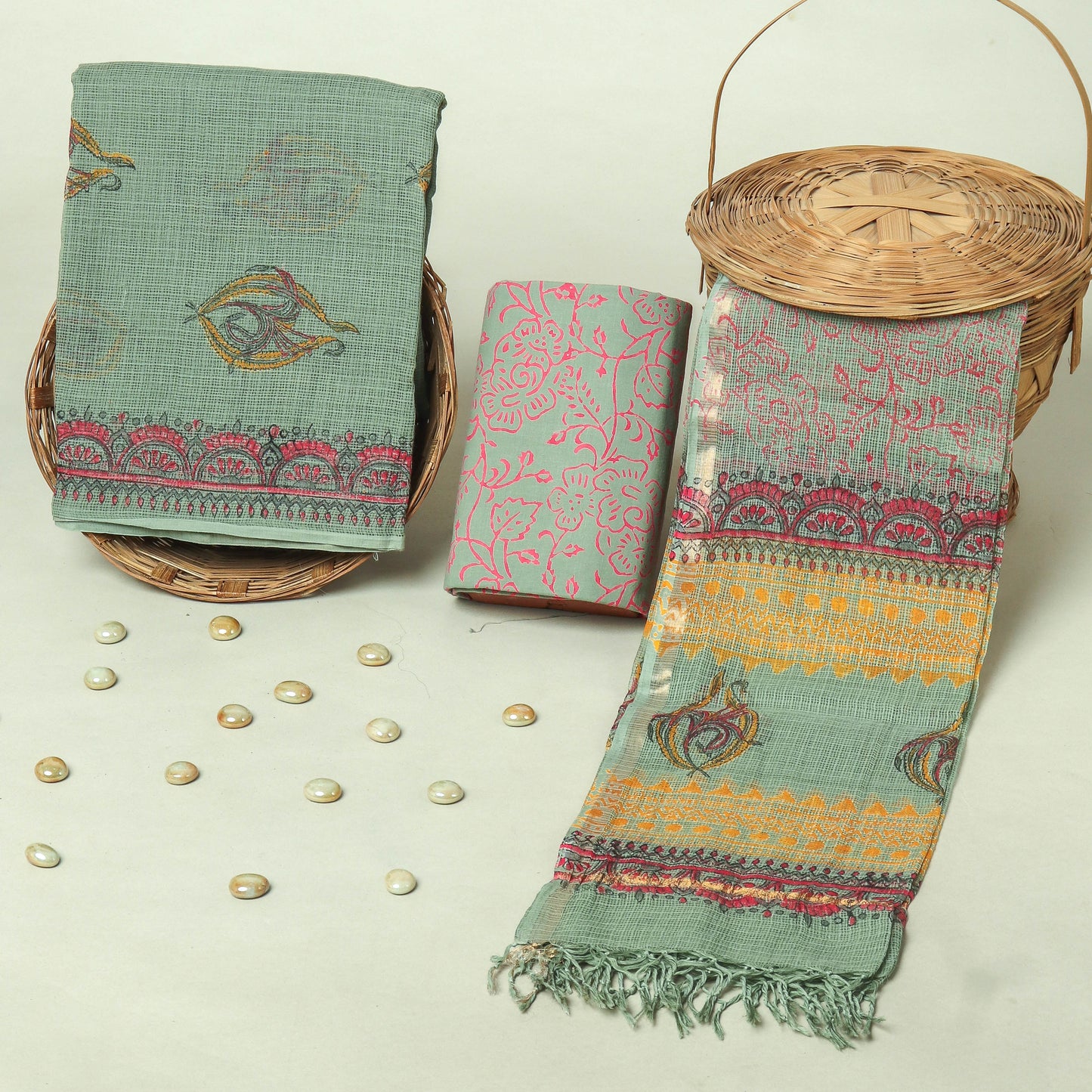 Hand Block Printed Kota Doria Cotton Suit Set with Zari Border Dupatta
