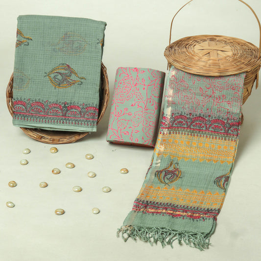 Hand Block Printed Kota Doria Cotton Suit Set with Zari Border Dupatta
