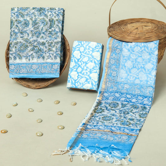 Hand Block Printed Kota Doria Cotton Suit Set with Zari Border Dupatta