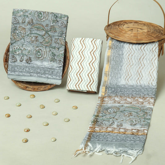 Hand Block Printed Kota Doria Cotton Suit Set with Zari Border Dupatta