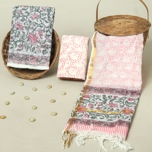 Hand Block Printed Kota Doria Cotton Suit Set with Zari Border Dupatta