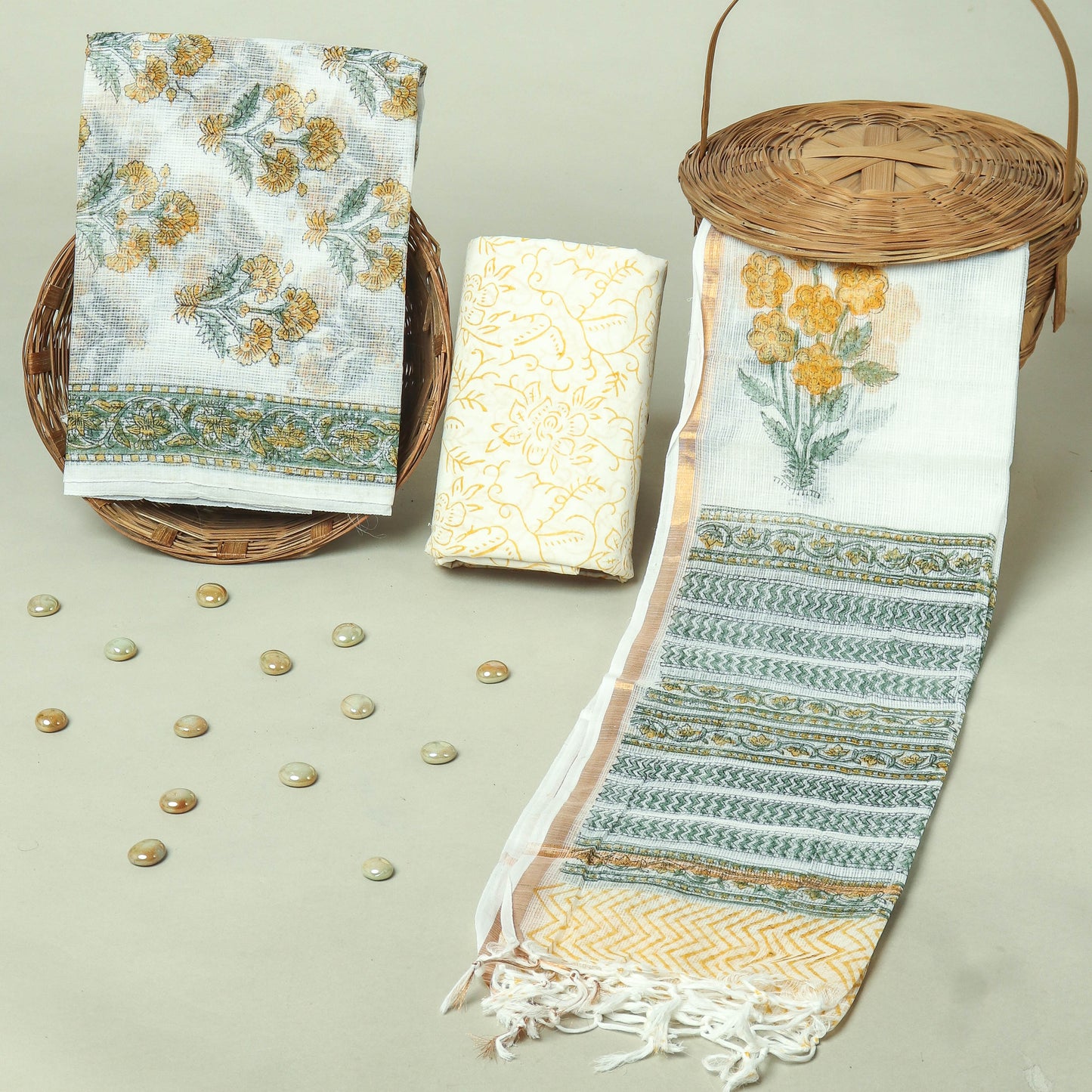 Hand Block Printed Kota Doria Cotton Suit Set with Zari Border Dupatta