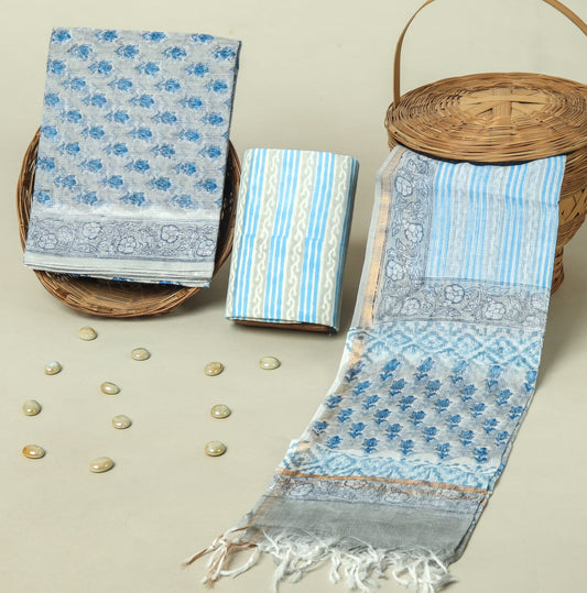 Hand Block Printed Kota Doria Cotton Suit Set with Zari Border Dupatta