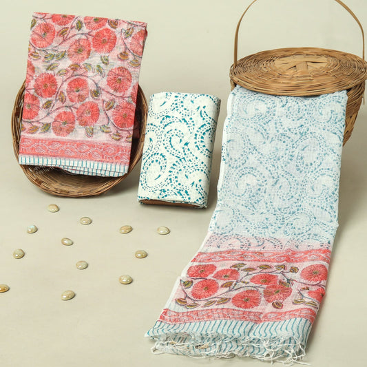 Hand Block Printed Kota Doria Cotton Suit Set with Zari Border Dupatta