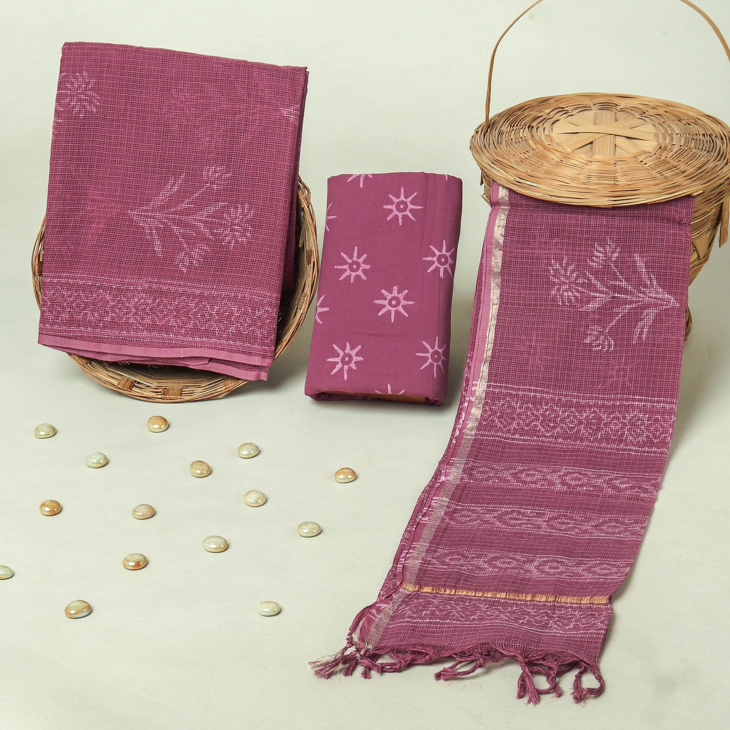 Hand Block Printed Kota Doria Cotton Suit Set with Zari Border Dupatta