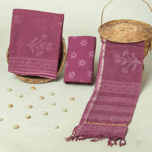 Hand Block Printed Kota Doria Cotton Suit Set with Zari Border Dupatta