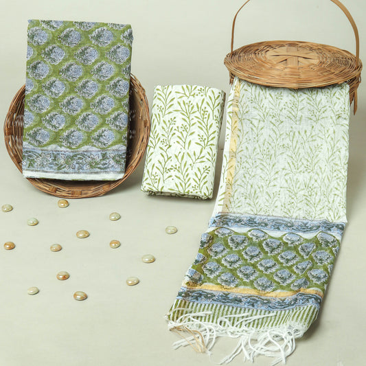 Hand Block Printed Kota Doria Cotton Suit Set with Zari Border Dupatta
