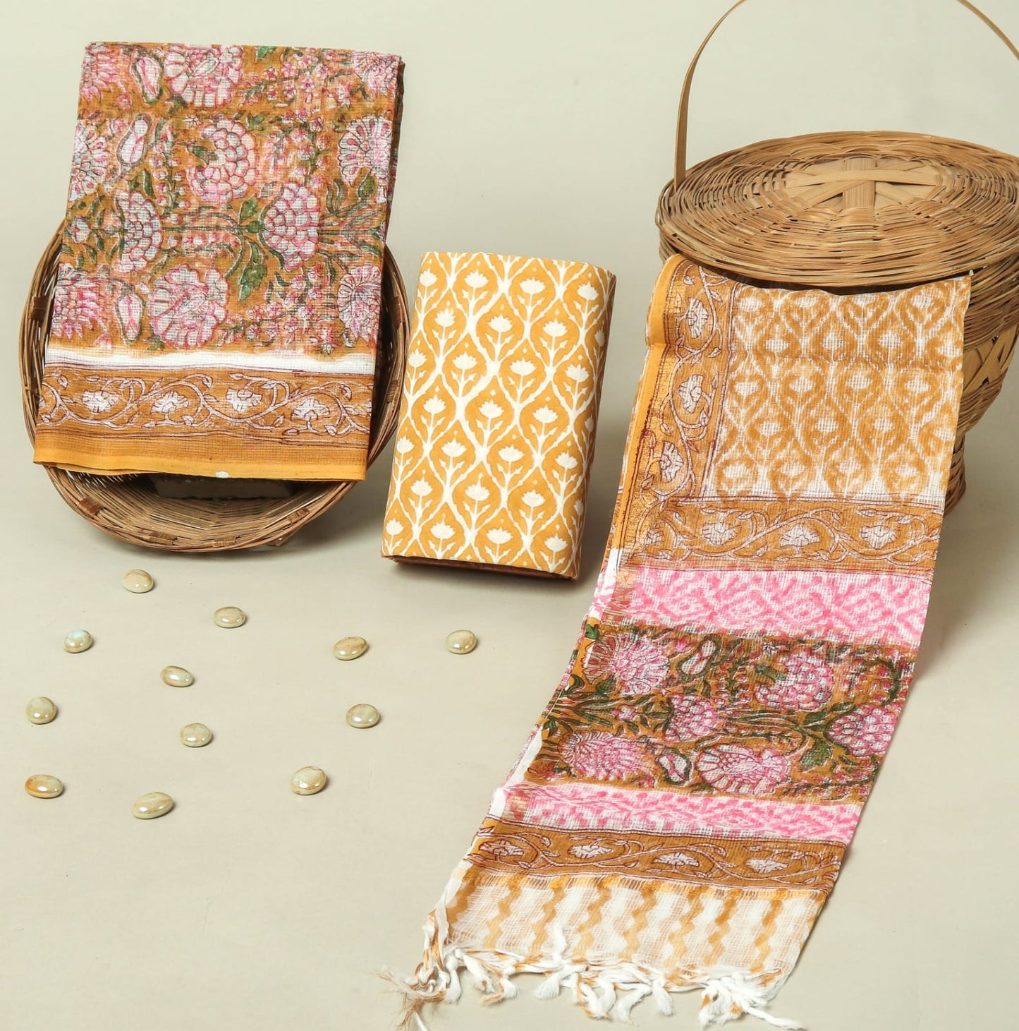 Hand Block Printed Kota Doria Cotton Suit Set with Zari Border Dupatta